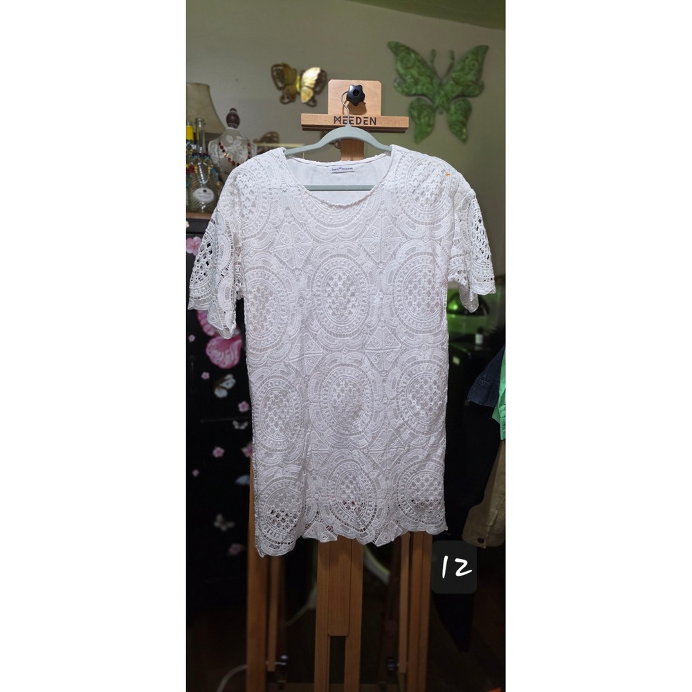 Dainty Hooligan White Lace Medallion Crochet Shift Mini Dress Boho Short Sleeve
